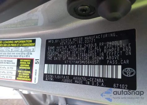 2021 Toyota Camry Le z USA, uszkodzony, nr VIN 4T1C11AK5MU564057